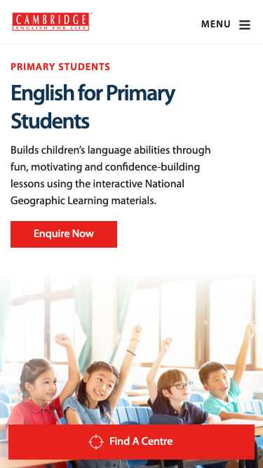 Simple and clean website design for Cambridge English For Life on mobile view.