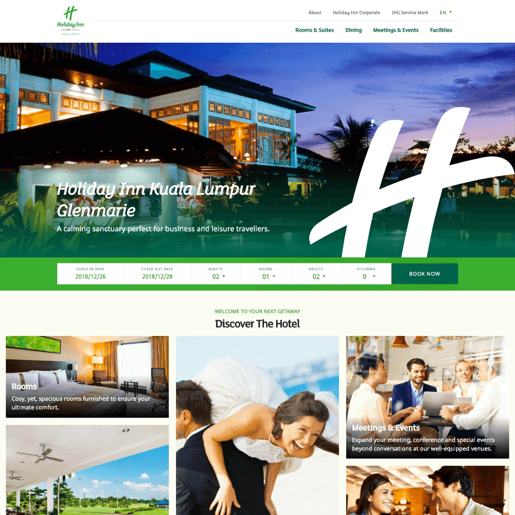 Simple and clean website design for Holiday Inn Hotels on desktop view.