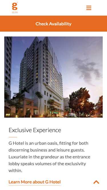 Simple and clean website design for G Hotel on mobile view.