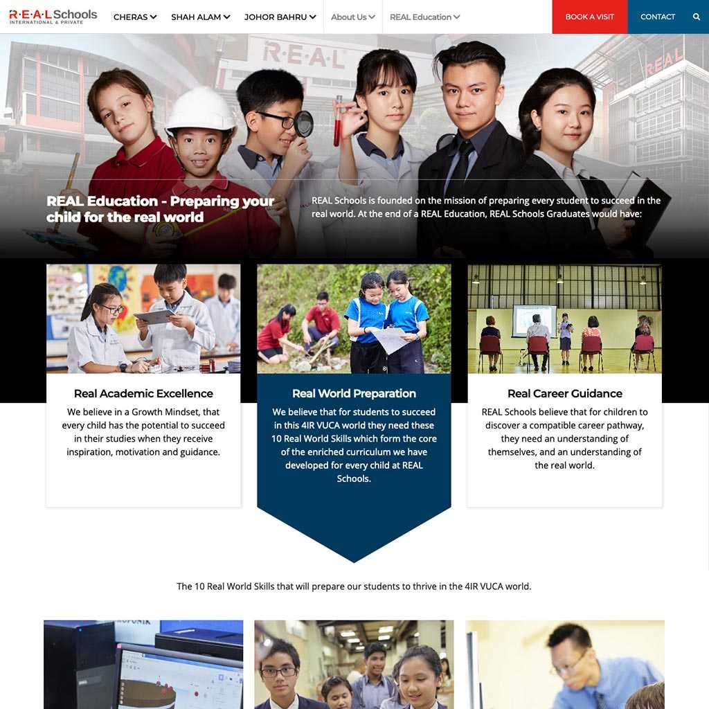 Simple and clean website design for REAL Schools on desktop view.
