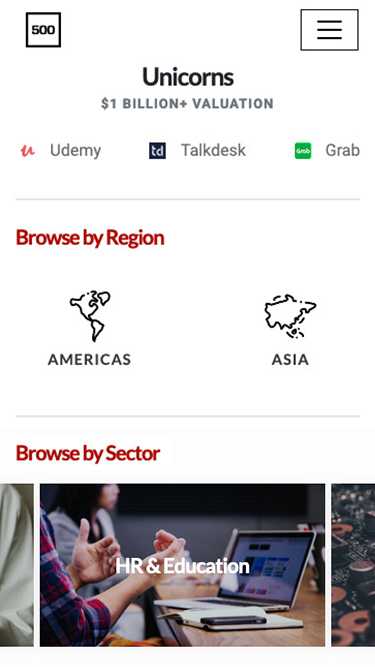 Simple and clean website design for 500 Startups on mobile view.