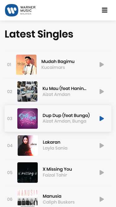 Simple and clean website design for Warner Music Malaysia on mobile view.