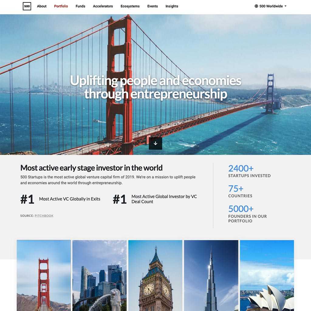 Simple and clean website design for 500 Startups on desktop view.