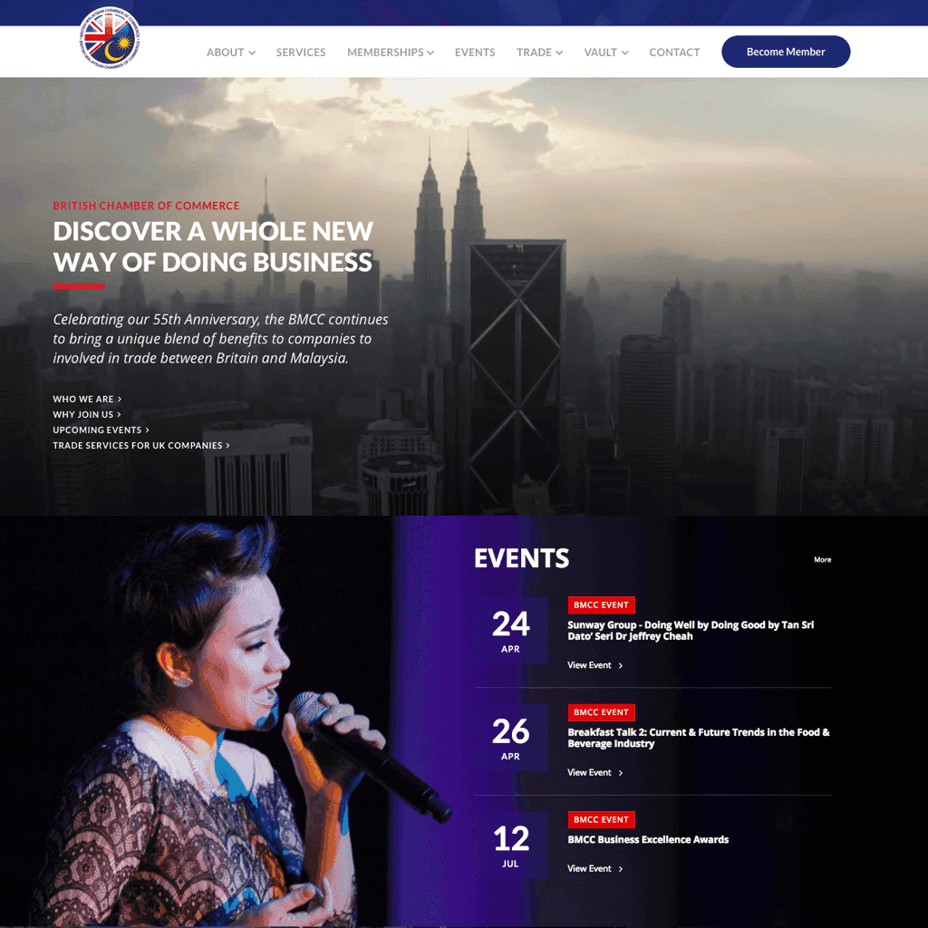 Simple and clean website design for British Malaysian Chamber of Commerce on desktop view.