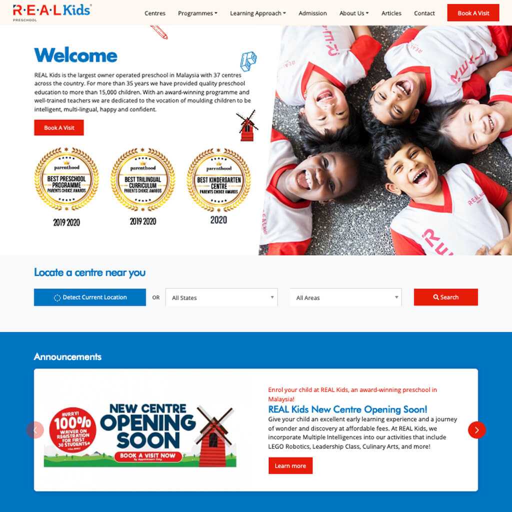Simple and clean website design for REAL Kids on desktop view.