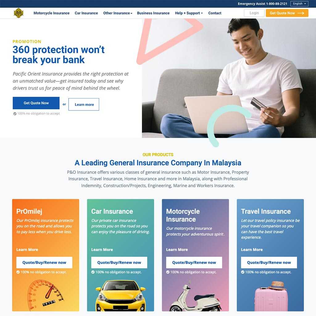 Simple and clean website design for Pacific & Orient Insurance on desktop view.